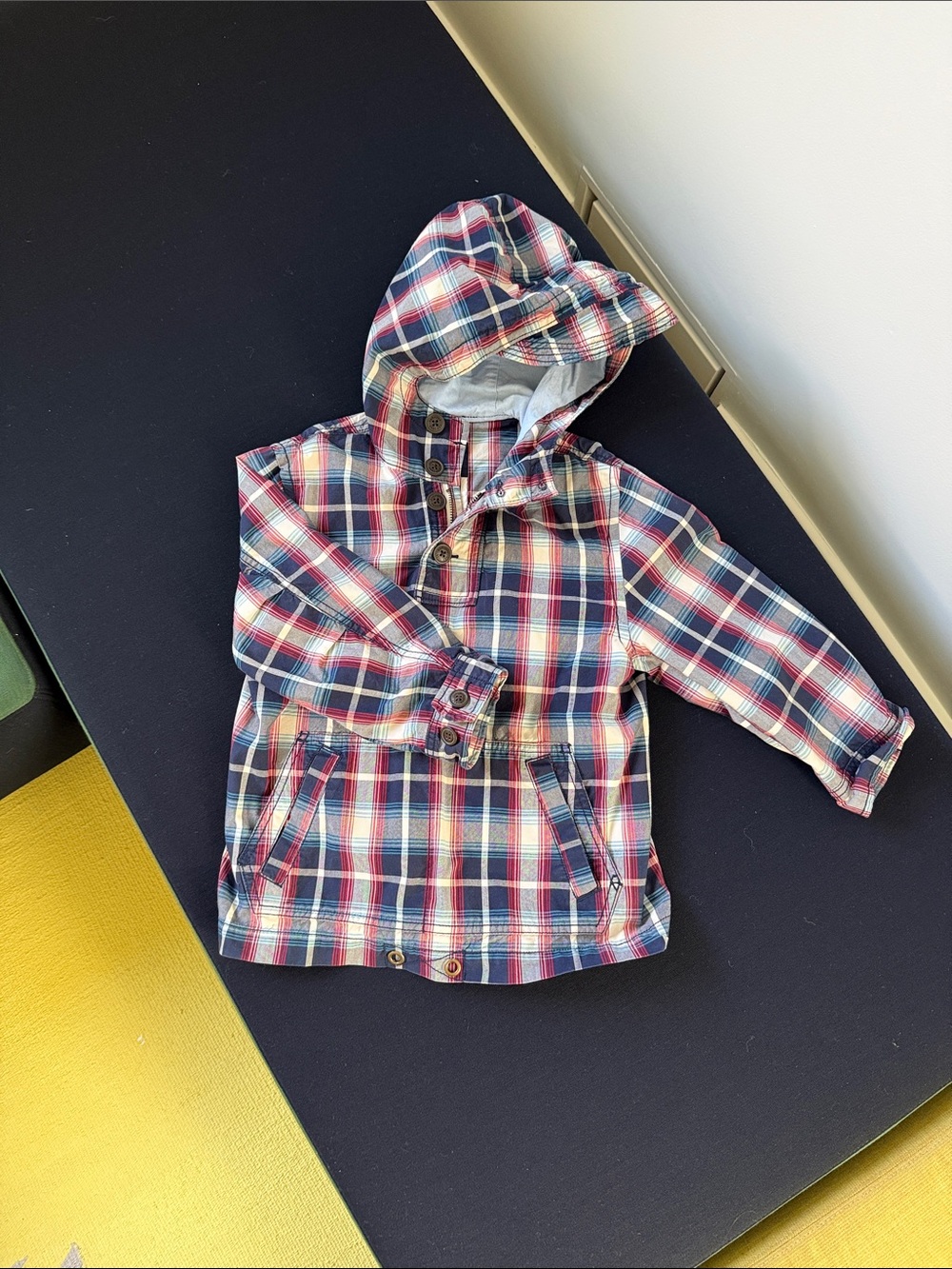 GAP Hooded Plaid Raincoat - Navy, Red & White